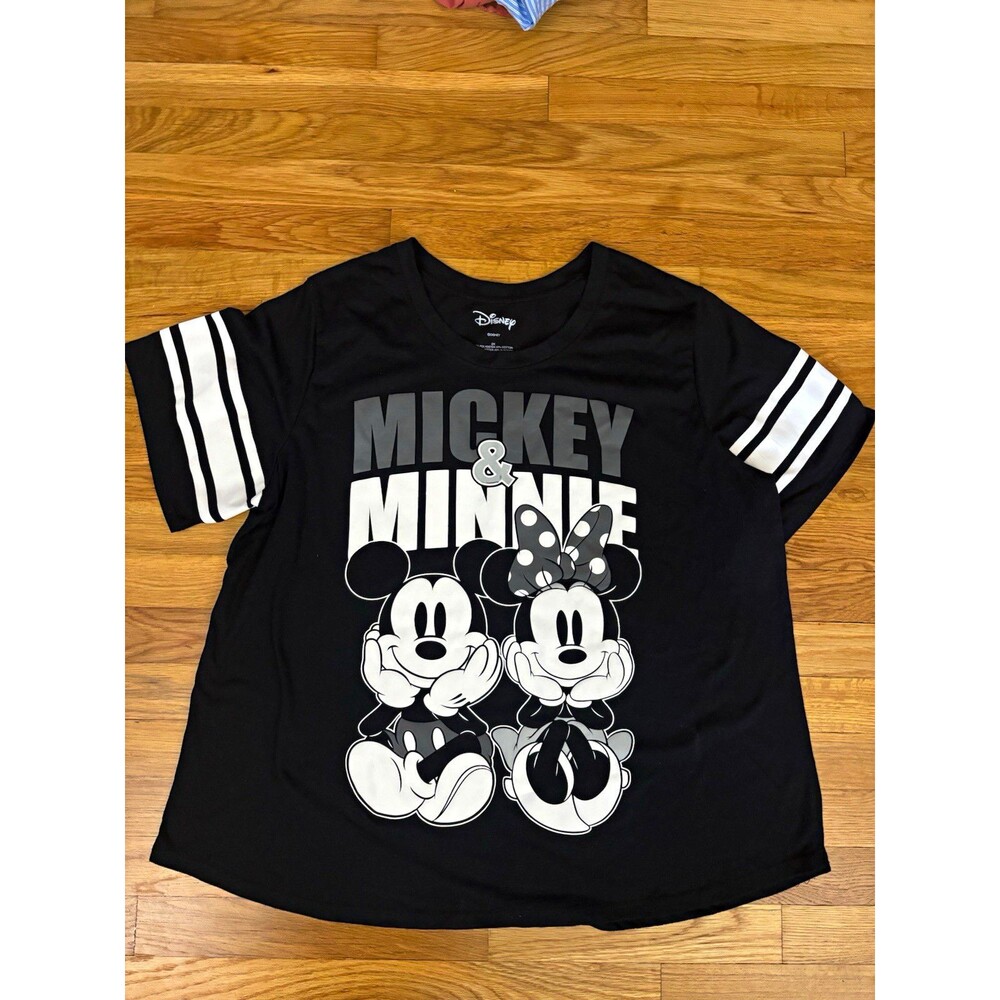 Disney Mickey & Minnie Mouse Graphic T-Shirt Black w/ White Striped Sleeves 2X